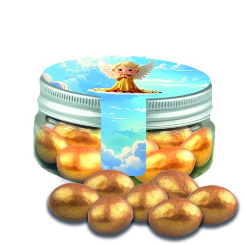 Golden salted caramel almonds, ca. 63g, mini sweet jar with label