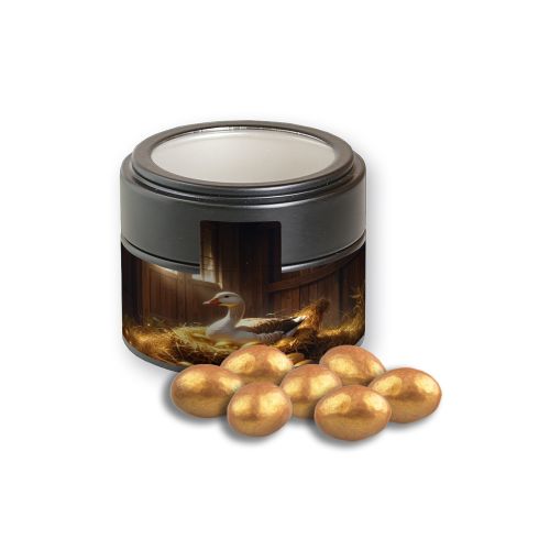 Golden salted caramel almonds, ca. 64g, metal tin mini black with window