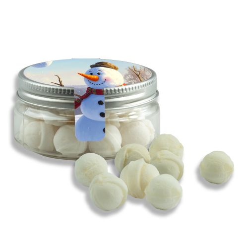 Sweet Snowballs candy (vegan), ca. 60g, mini sweet jar with label